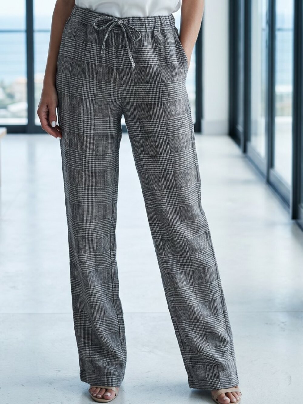 $ 158 FAHERTY laid back linen pants overlook plaid black white XS